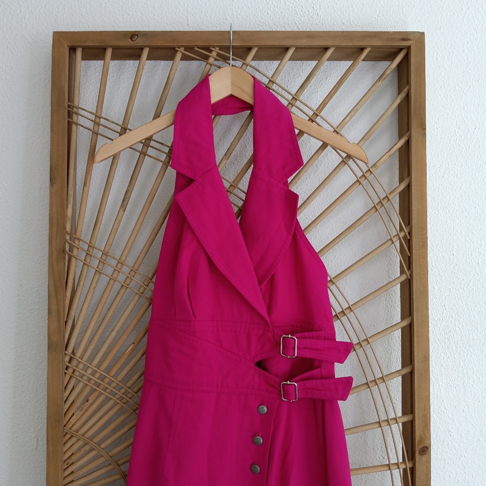 Vintage Backless Halter Button Front Fuchsia Pink… - image 4